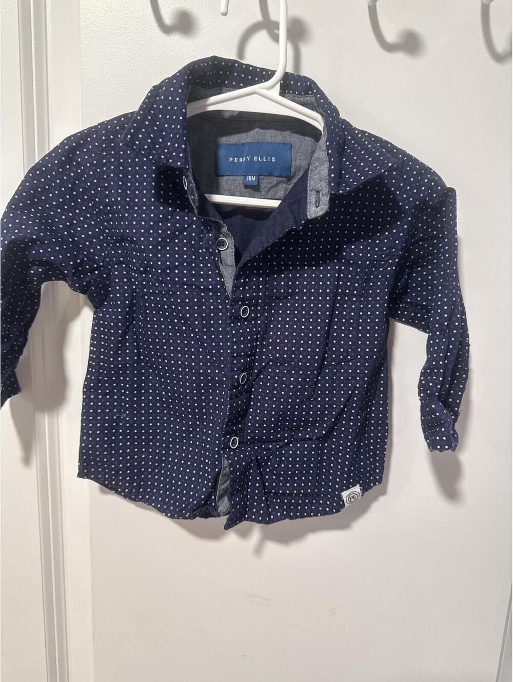 Perry Ellis Toddler Boys Navy Blue Polka Dot Button-Up Shirt Size 18M